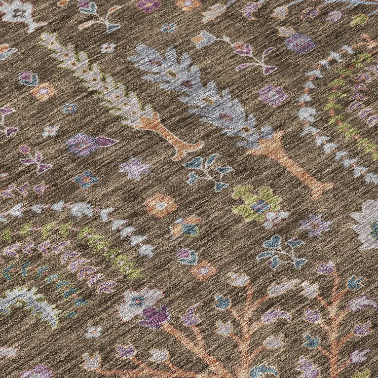 5' X 8' Brown Purple And Blue Floral Washable Indoor Outdoor Area Rug