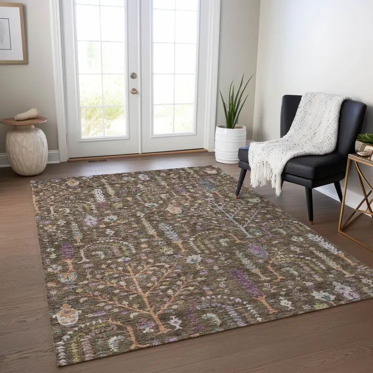 5' X 8' Brown Purple And Blue Floral Washable Indoor Outdoor Area Rug