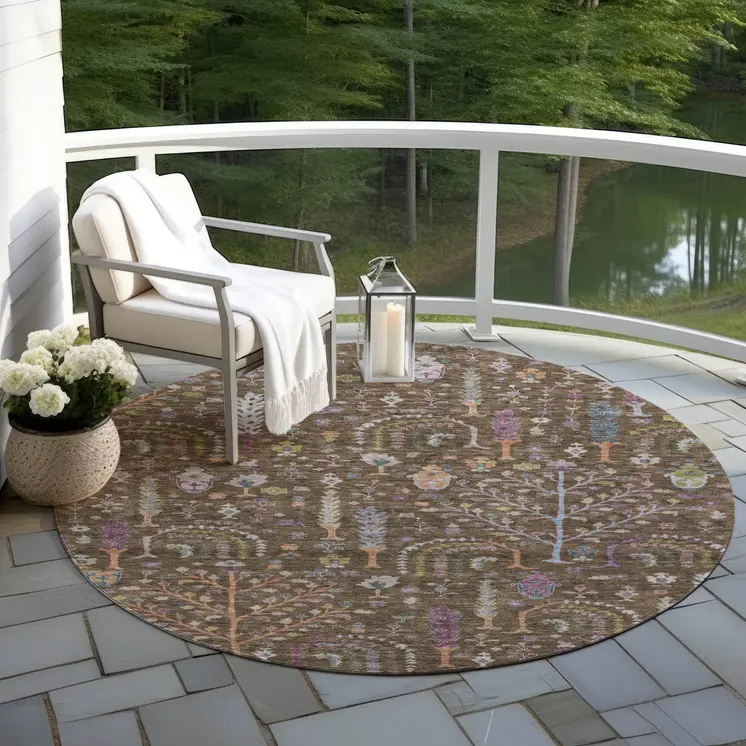 8' Brown Purple And Blue Round Floral Washable Indoor Outdoor Area Rug