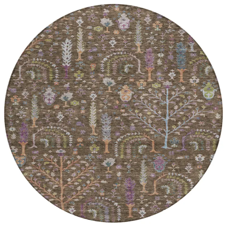 8' Brown Purple And Blue Round Floral Washable Indoor Outdoor Area Rug