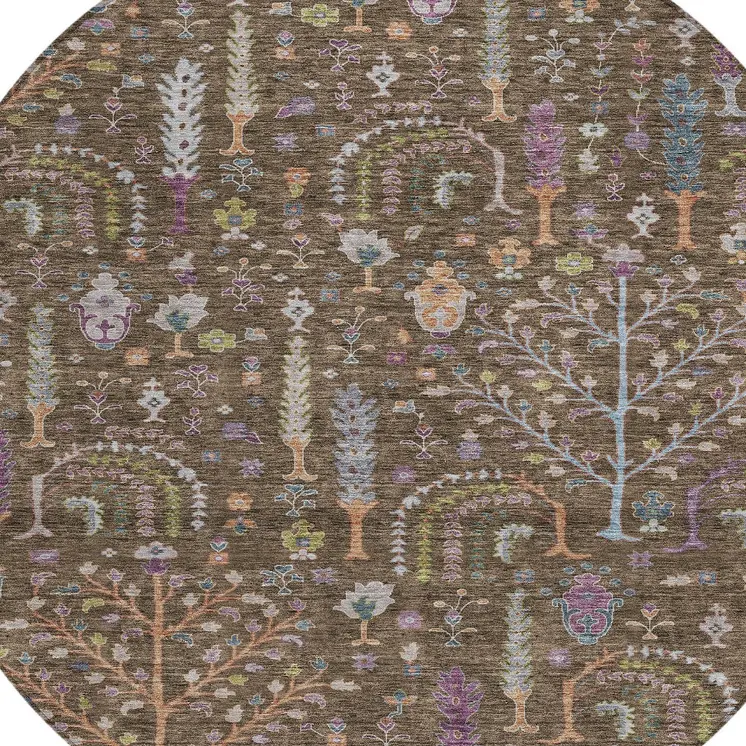 8' Brown Purple And Blue Round Floral Washable Indoor Outdoor Area Rug
