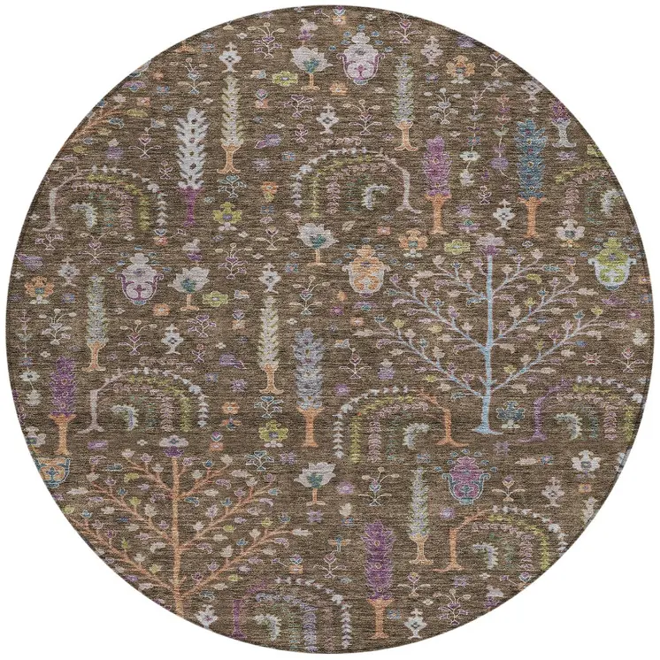 8' Brown Purple And Blue Round Floral Washable Indoor Outdoor Area Rug