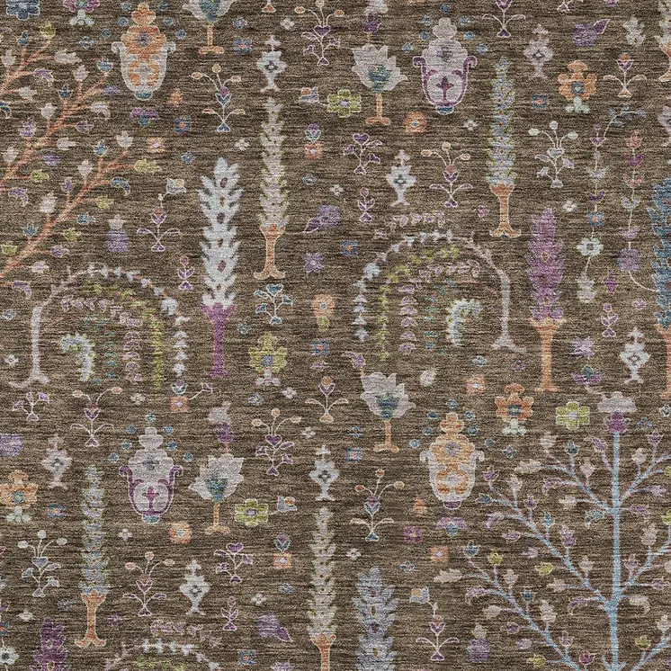 8' X 10' Brown Purple And Blue Floral Washable Indoor Outdoor Area Rug