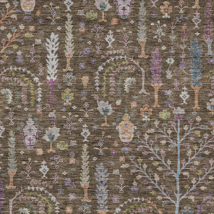 9' X 12' Brown Purple And Blue Floral Washable Indoor Outdoor Area Rug