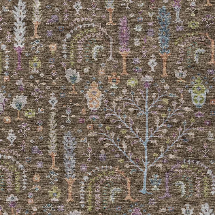 10' X 14' Brown Purple And Blue Floral Washable Indoor Outdoor Area Rug