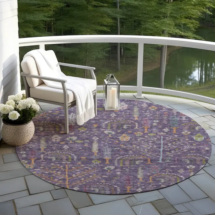 8' Eggplant Terra Cotta And Green Round Floral Washable Indoor Outdoor Area Rug