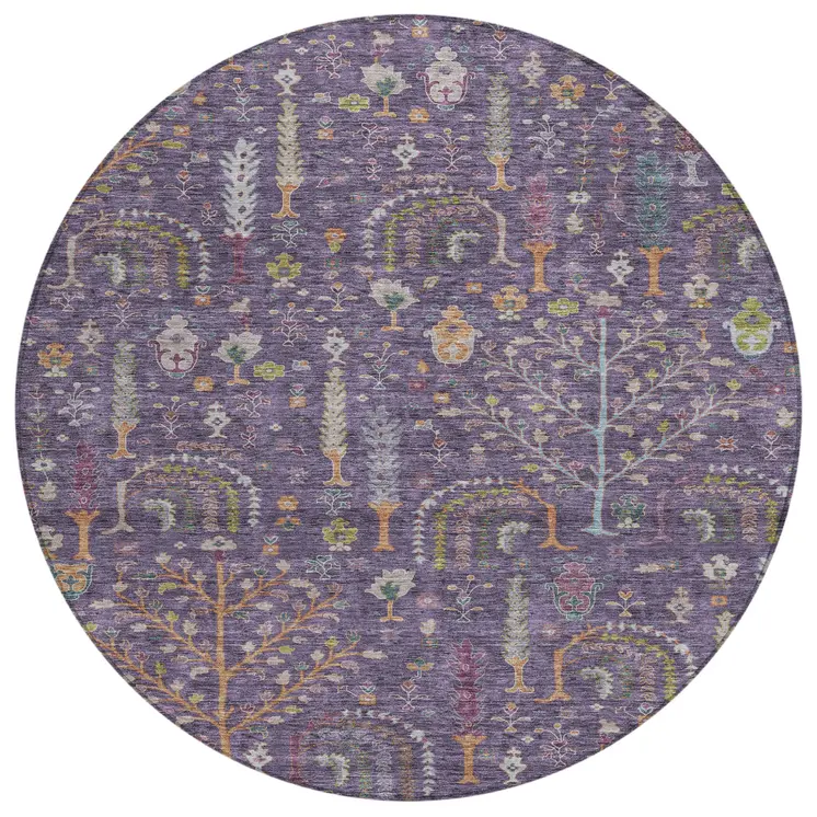 8' Eggplant Terra Cotta And Green Round Floral Washable Indoor Outdoor Area Rug