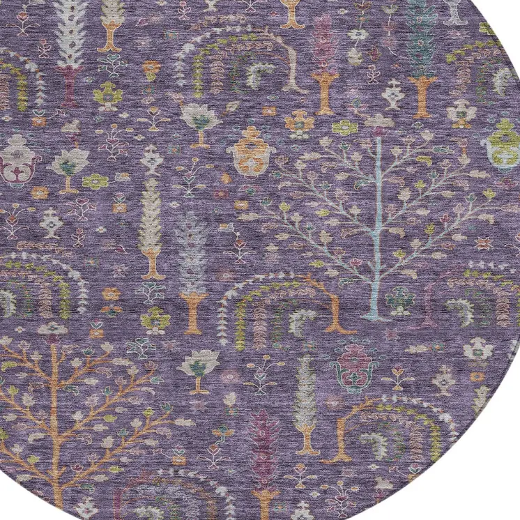 8' Eggplant Terra Cotta And Green Round Floral Washable Indoor Outdoor Area Rug