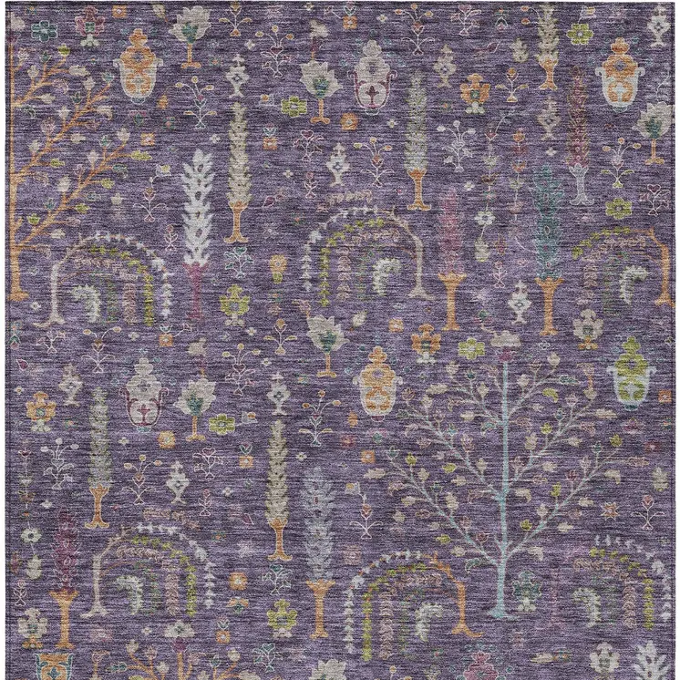 9' X 12' Eggplant Terra Cotta And Green Floral Washable Indoor Outdoor Area Rug