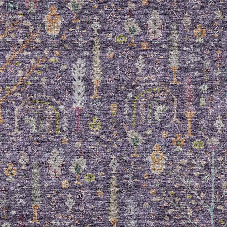 9' X 12' Eggplant Terra Cotta And Green Floral Washable Indoor Outdoor Area Rug
