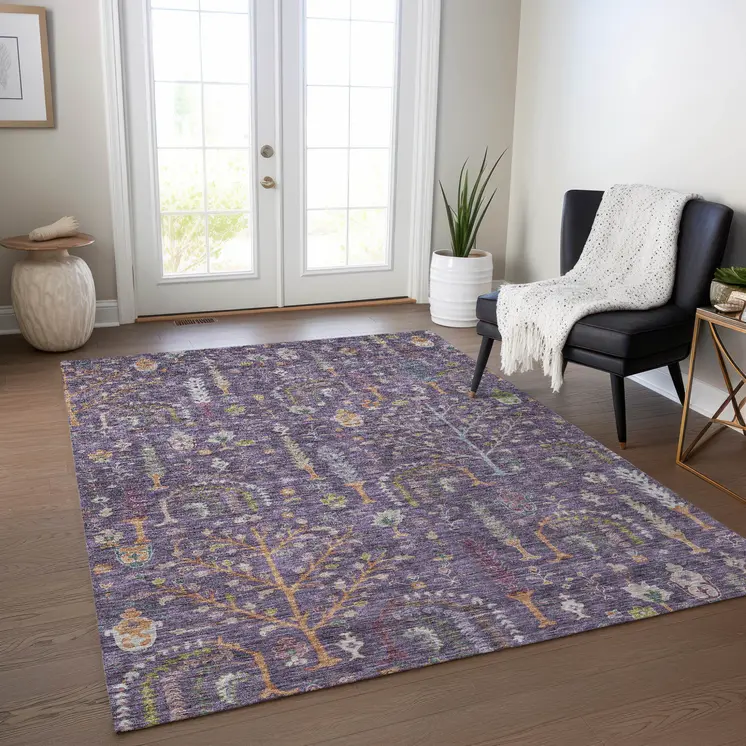9' X 12' Eggplant Terra Cotta And Green Floral Washable Indoor Outdoor Area Rug