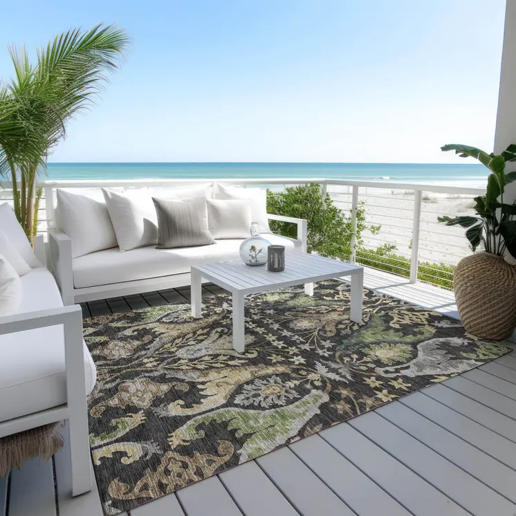 3' X 5' Black Green And Brown Floral Washable Indoor Outdoor Area Rug