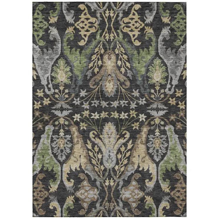 5' X 8' Black Green And Brown Floral Washable Indoor Outdoor Area Rug