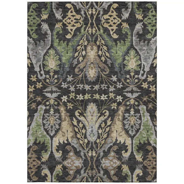 5' X 8' Black Green And Brown Floral Washable Indoor Outdoor Area Rug