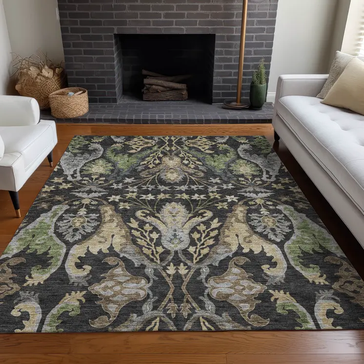 5' X 8' Black Green And Brown Floral Washable Indoor Outdoor Area Rug