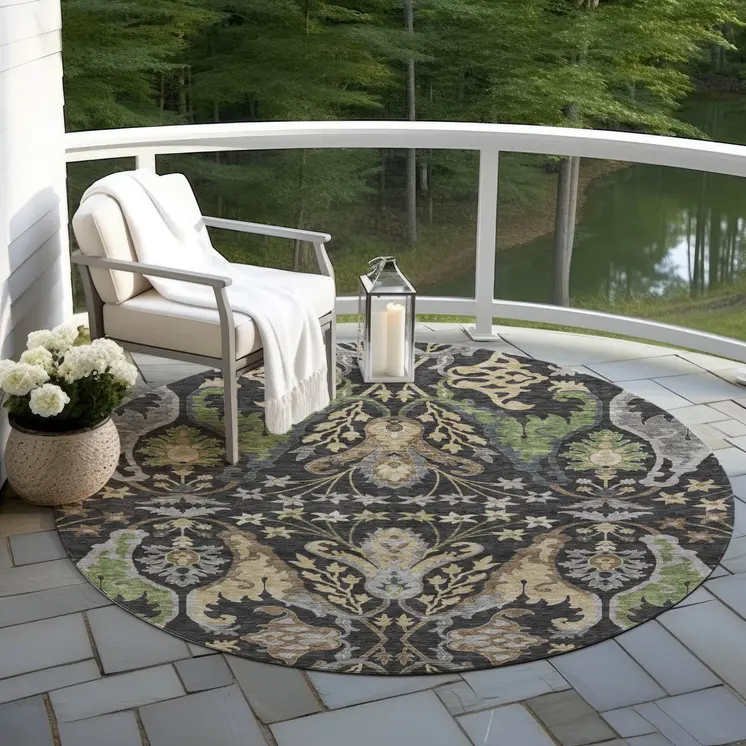 8' Black Green And Brown Round Floral Washable Indoor Outdoor Area Rug