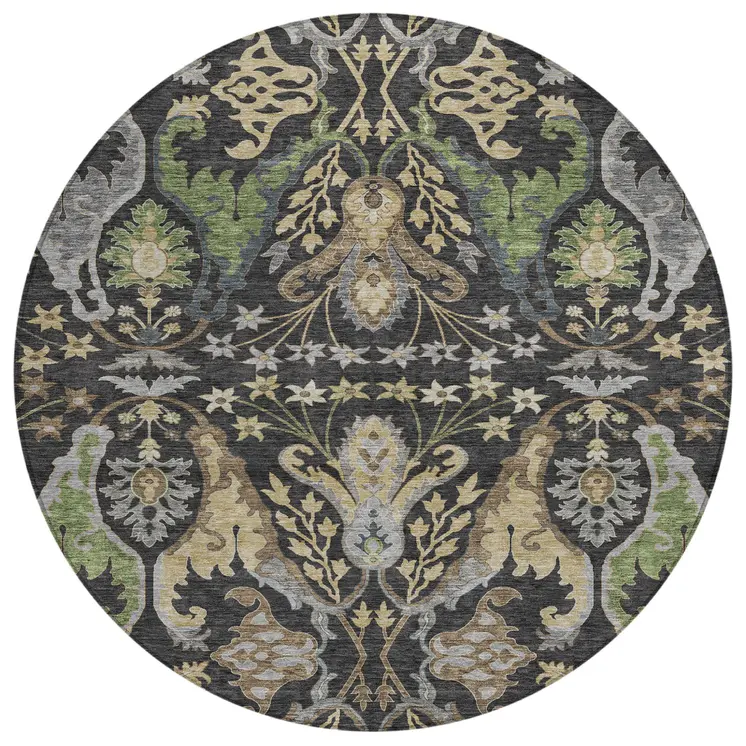 8' Black Green And Brown Round Floral Washable Indoor Outdoor Area Rug