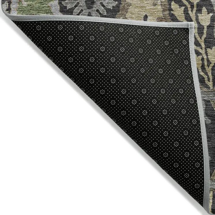 8' Black Green And Brown Round Floral Washable Indoor Outdoor Area Rug
