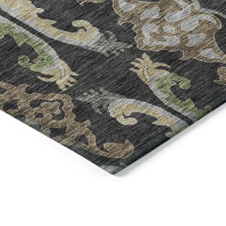 8' Black Green And Brown Round Floral Washable Indoor Outdoor Area Rug