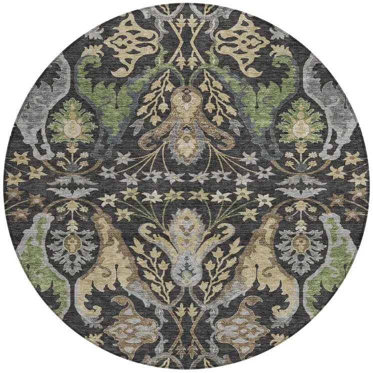 8' Black Green And Brown Round Floral Washable Indoor Outdoor Area Rug