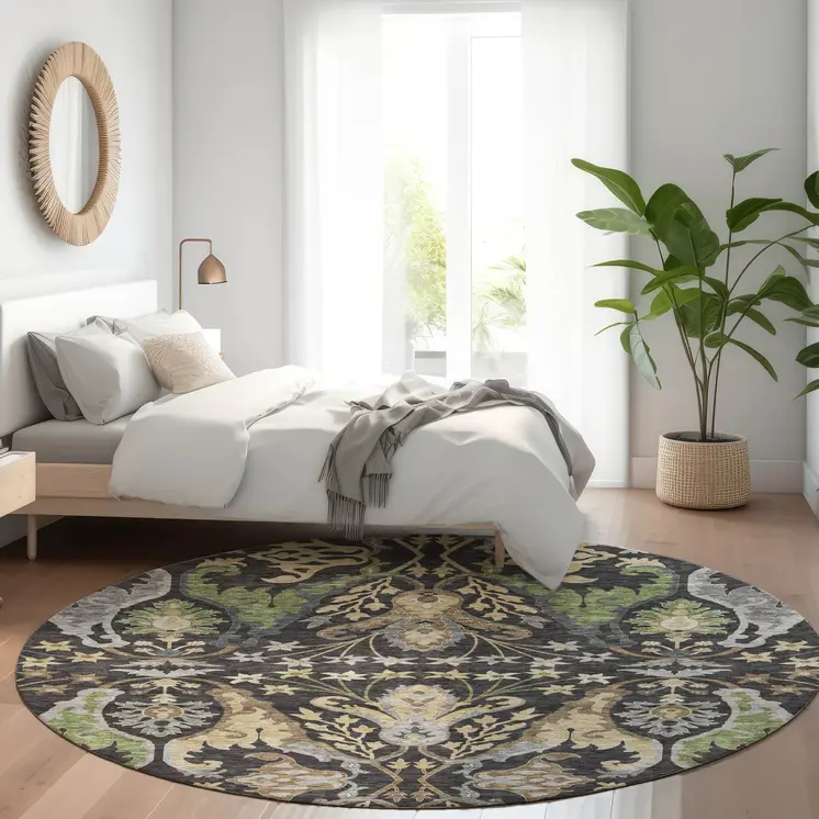 8' Black Green And Brown Round Floral Washable Indoor Outdoor Area Rug