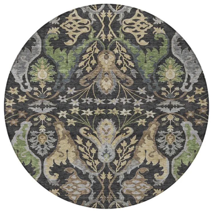 8' Black Green And Brown Round Floral Washable Indoor Outdoor Area Rug