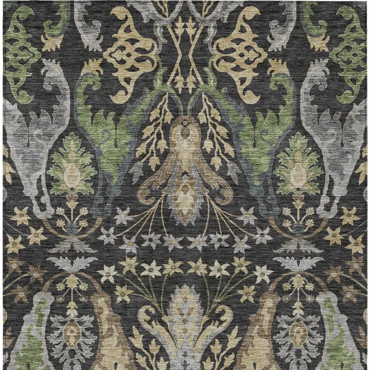 8' X 10' Black Green And Brown Floral Washable Indoor Outdoor Area Rug