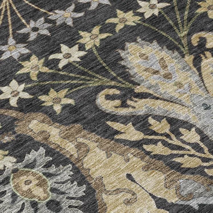 8' X 10' Black Green And Brown Floral Washable Indoor Outdoor Area Rug