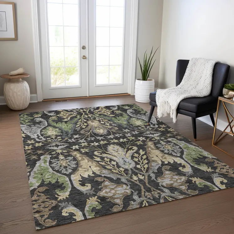 9' X 12' Black Green And Brown Floral Washable Indoor Outdoor Area Rug