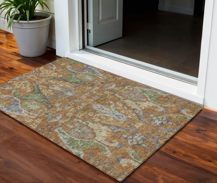 3' X 5' Copper Green And Beige Floral Washable Indoor Outdoor Area Rug