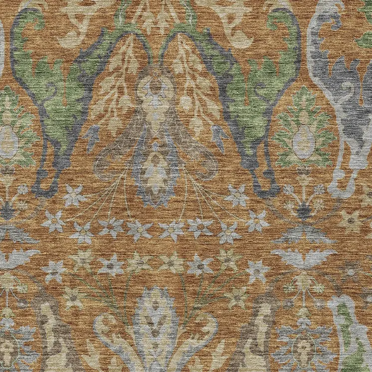 3' X 5' Copper Green And Beige Floral Washable Indoor Outdoor Area Rug