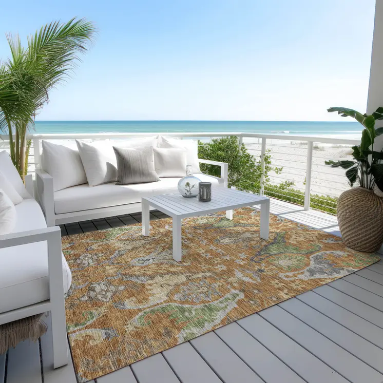 5' X 8' Copper Green And Beige Floral Washable Indoor Outdoor Area Rug