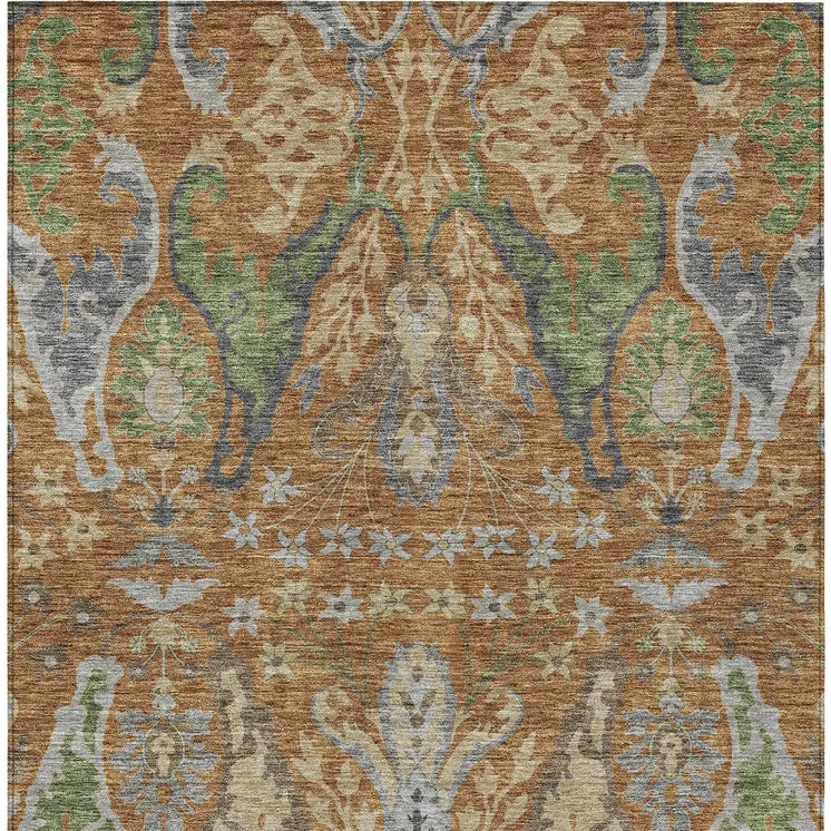 5' X 8' Copper Green And Beige Floral Washable Indoor Outdoor Area Rug