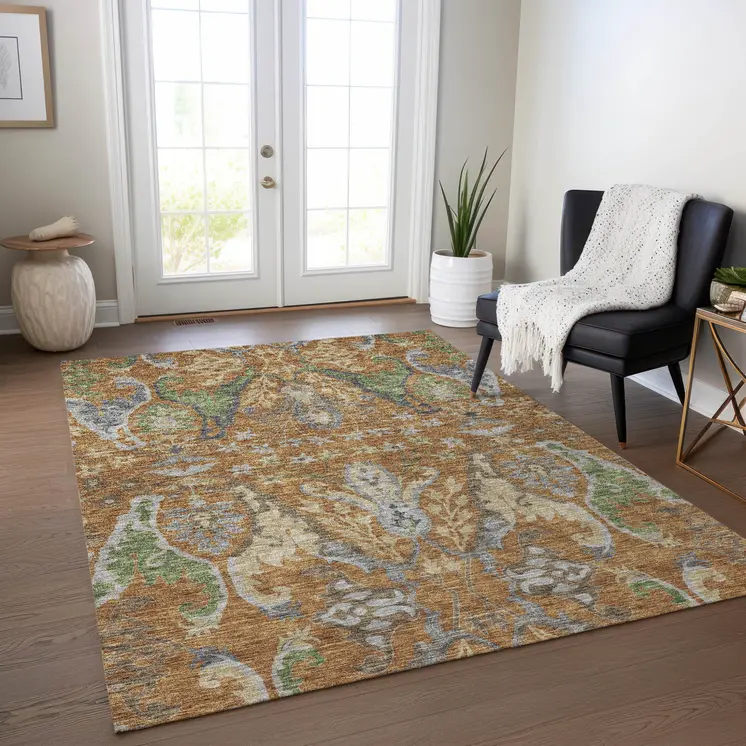 5' X 8' Copper Green And Beige Floral Washable Indoor Outdoor Area Rug