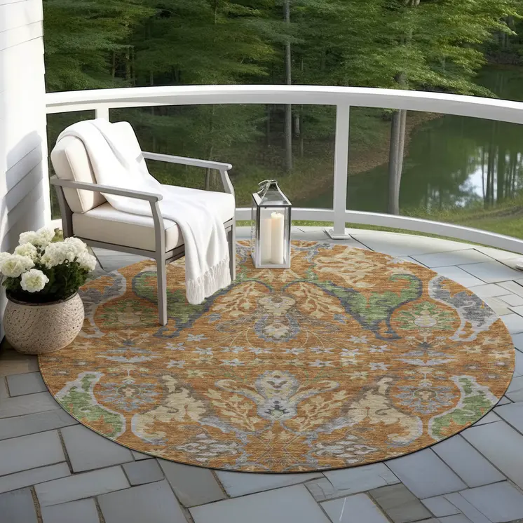 8' Copper Green And Beige Round Floral Washable Indoor Outdoor Area Rug