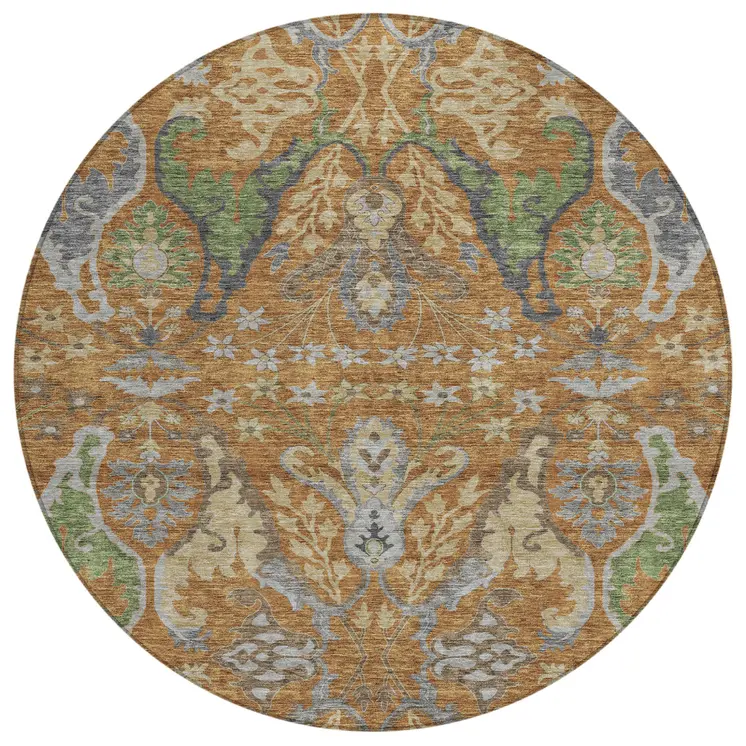 8' Copper Green And Beige Round Floral Washable Indoor Outdoor Area Rug