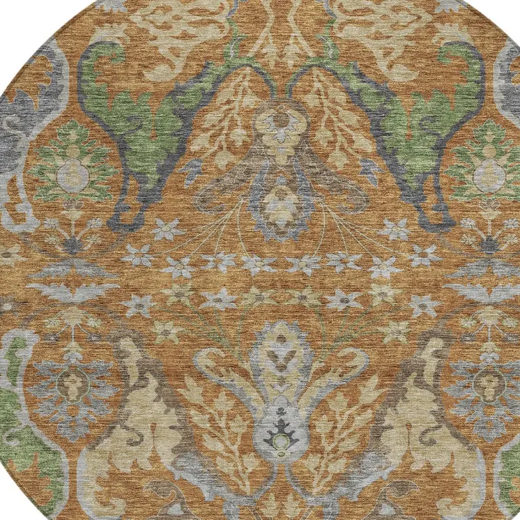 8' Copper Green And Beige Round Floral Washable Indoor Outdoor Area Rug