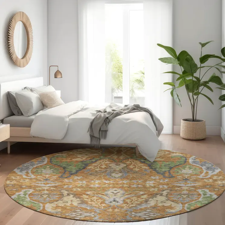 8' Copper Green And Beige Round Floral Washable Indoor Outdoor Area Rug