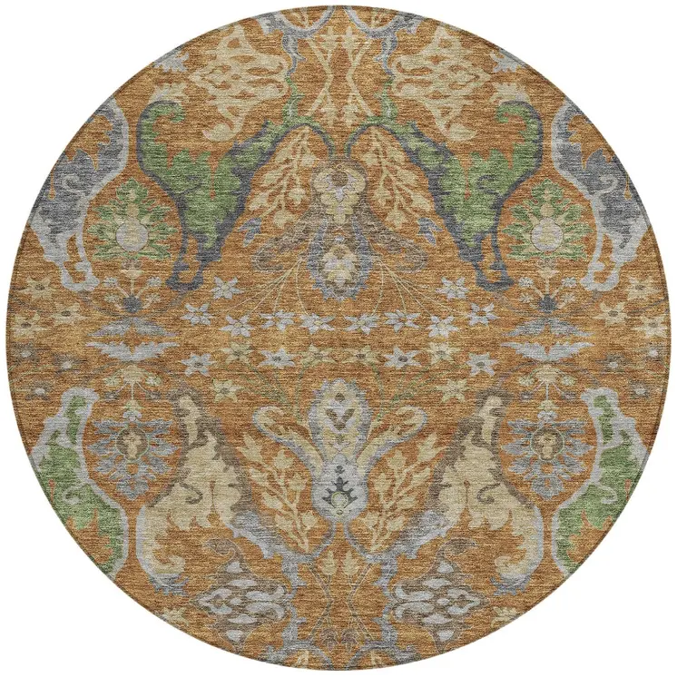 8' Copper Green And Beige Round Floral Washable Indoor Outdoor Area Rug
