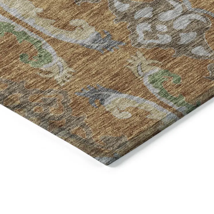 9' X 12' Copper Green And Beige Floral Washable Indoor Outdoor Area Rug