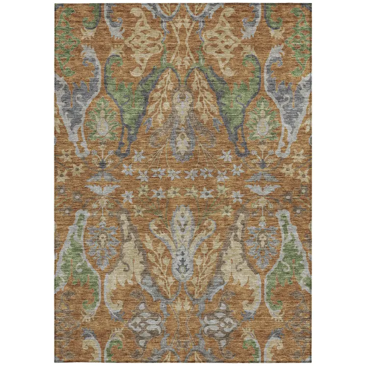 9' X 12' Copper Green And Beige Floral Washable Indoor Outdoor Area Rug