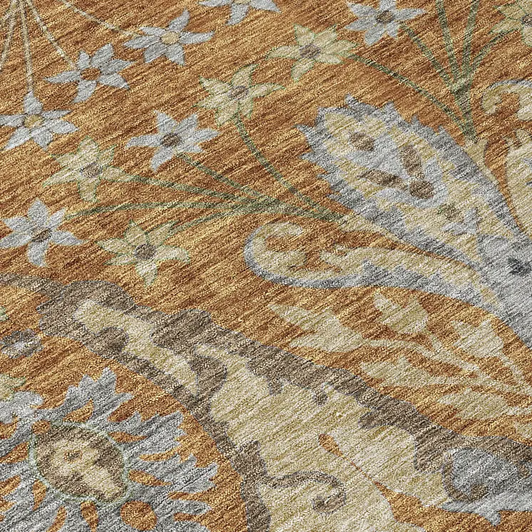 9' X 12' Copper Green And Beige Floral Washable Indoor Outdoor Area Rug