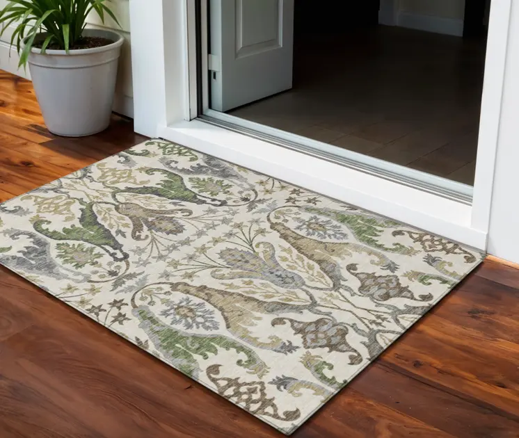3' X 5' Ivory Green And Brown Floral Washable Indoor Outdoor Area Rug