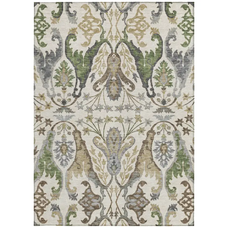 5' X 8' Ivory Green And Brown Floral Washable Indoor Outdoor Area Rug