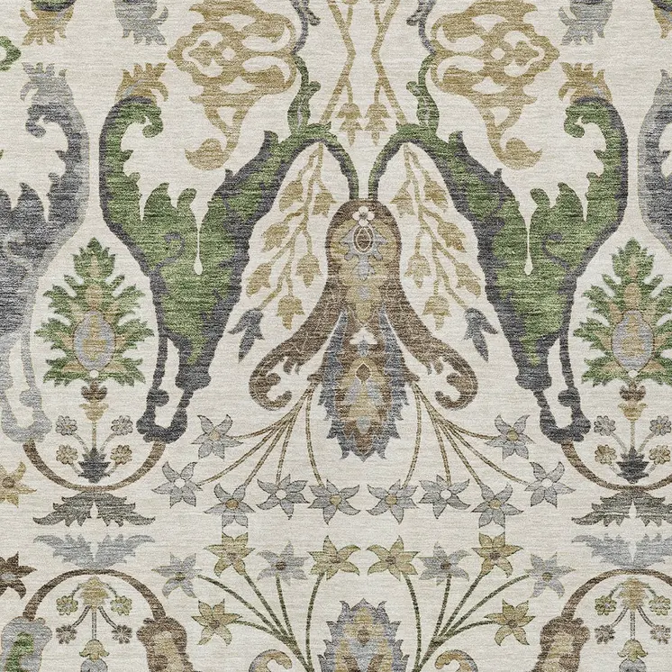 8' X 10' Ivory Green And Brown Floral Washable Indoor Outdoor Area Rug
