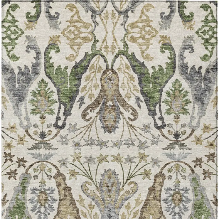 9' X 12' Ivory Green And Brown Floral Washable Indoor Outdoor Area Rug