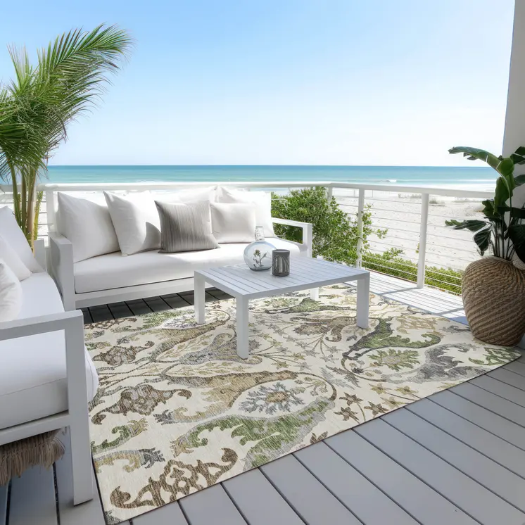 9' X 12' Ivory Green And Brown Floral Washable Indoor Outdoor Area Rug