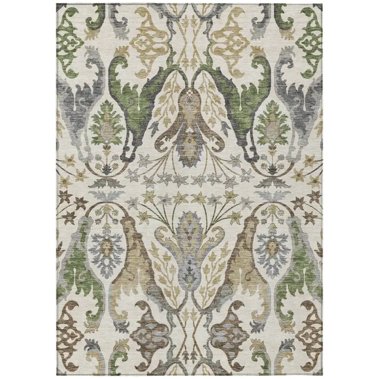 9' X 12' Ivory Green And Brown Floral Washable Indoor Outdoor Area Rug