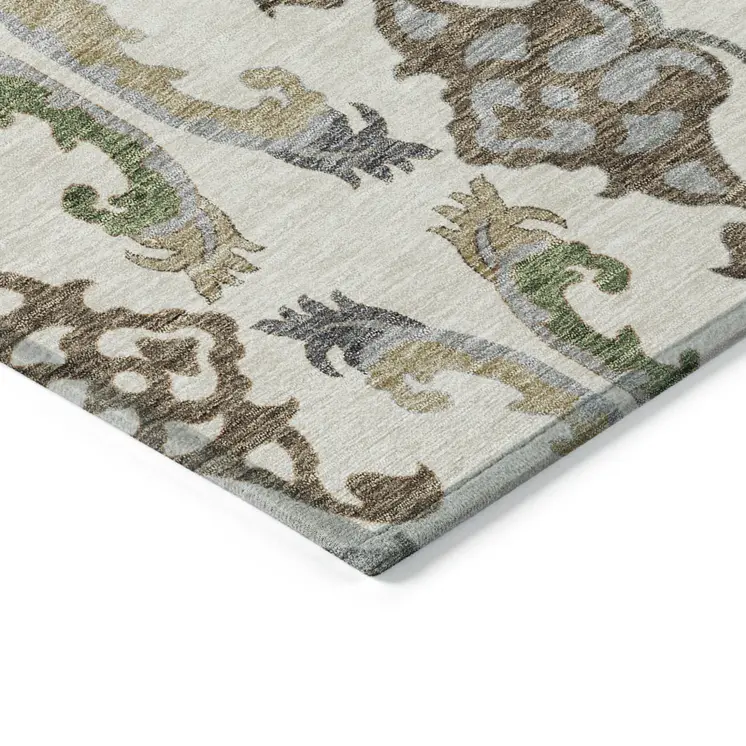 9' X 12' Ivory Green And Brown Floral Washable Indoor Outdoor Area Rug