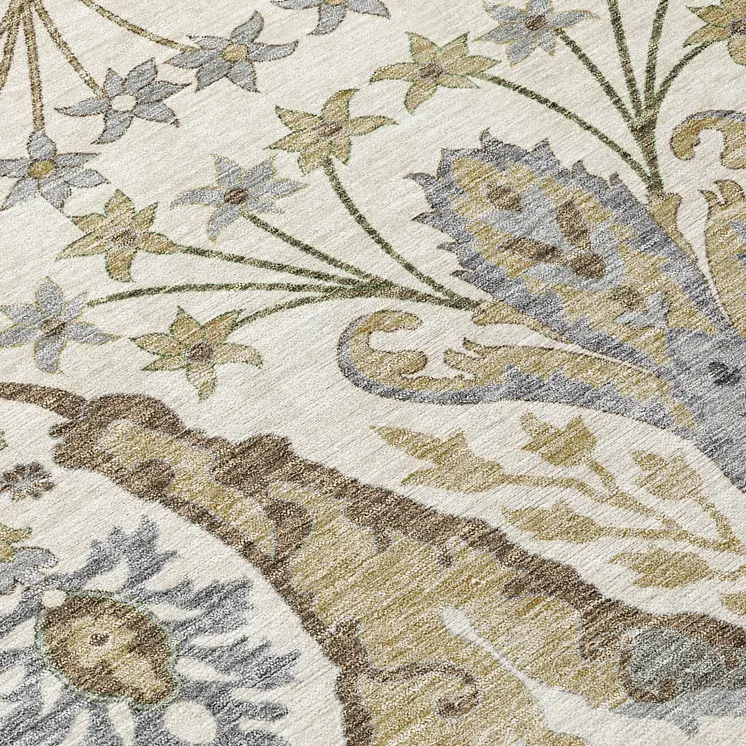 9' X 12' Ivory Green And Brown Floral Washable Indoor Outdoor Area Rug